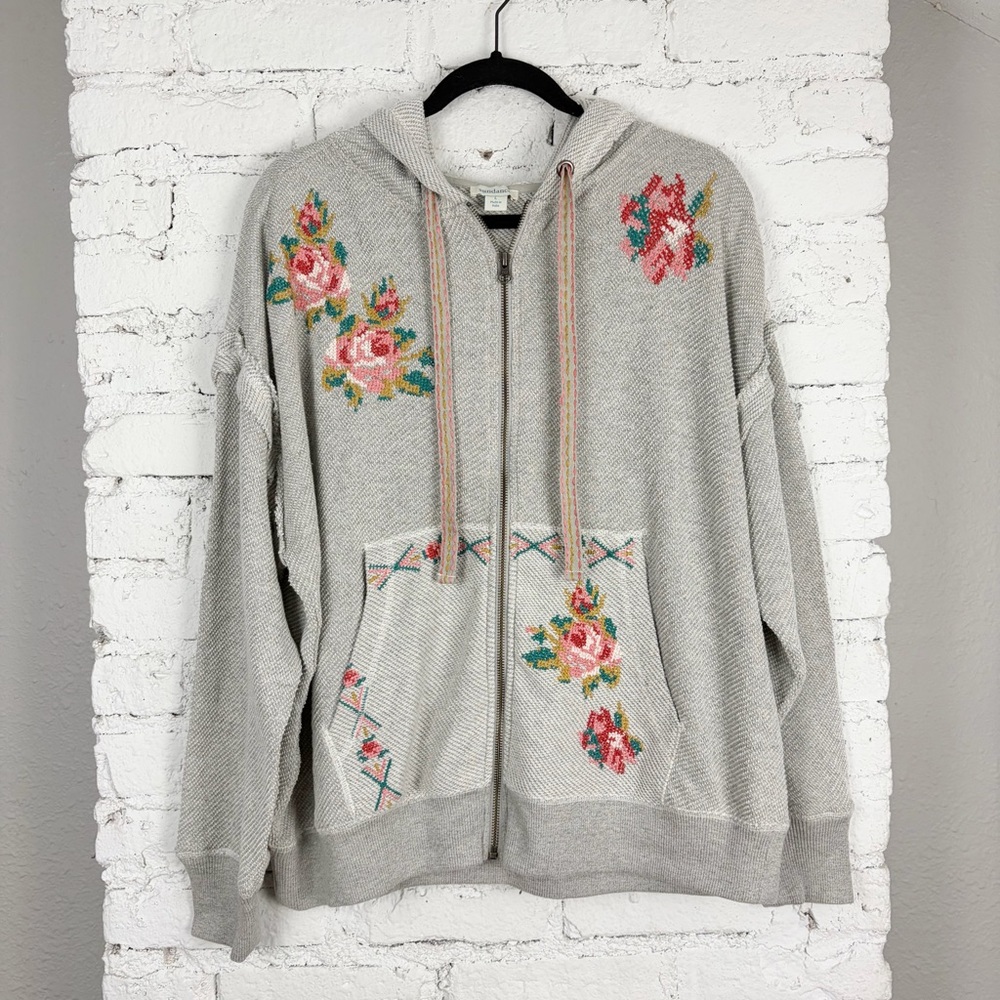 Sundance Annabeth Zip Embroidered Grey Floral Rose Hoodie Jacket Large - Picture 11 of 11